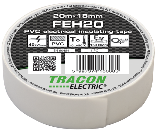 Taśma izolacyjna, biała 20m×18mm, PVC, 0-90°C, 40kV/mm FEH20 Tracon Electric