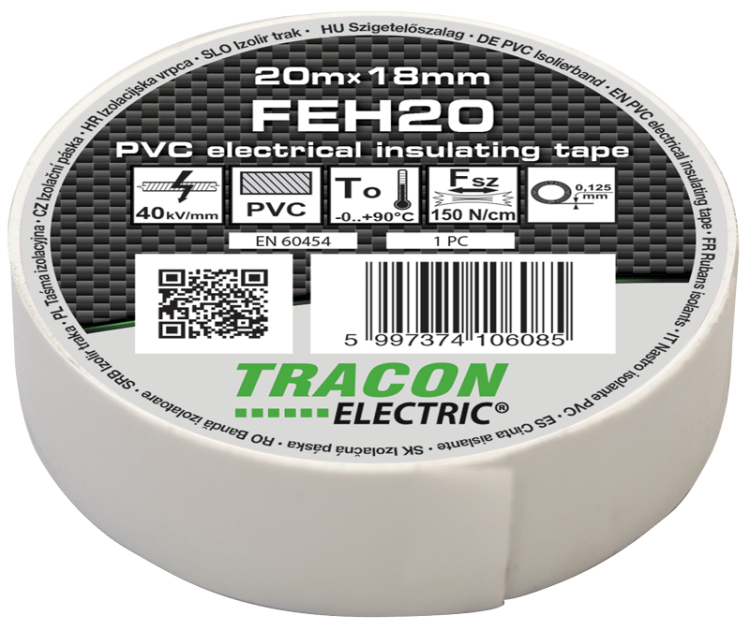 Taśma izolacyjna, biała 20m×18mm, PVC, 0-90°C, 40kV/mm FEH20 Tracon Electric