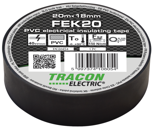 Taśma izolacyjna, czarna 20m×18mm, PVC, 0-90°C, 40kV/mm FEK20 Tracon Electric