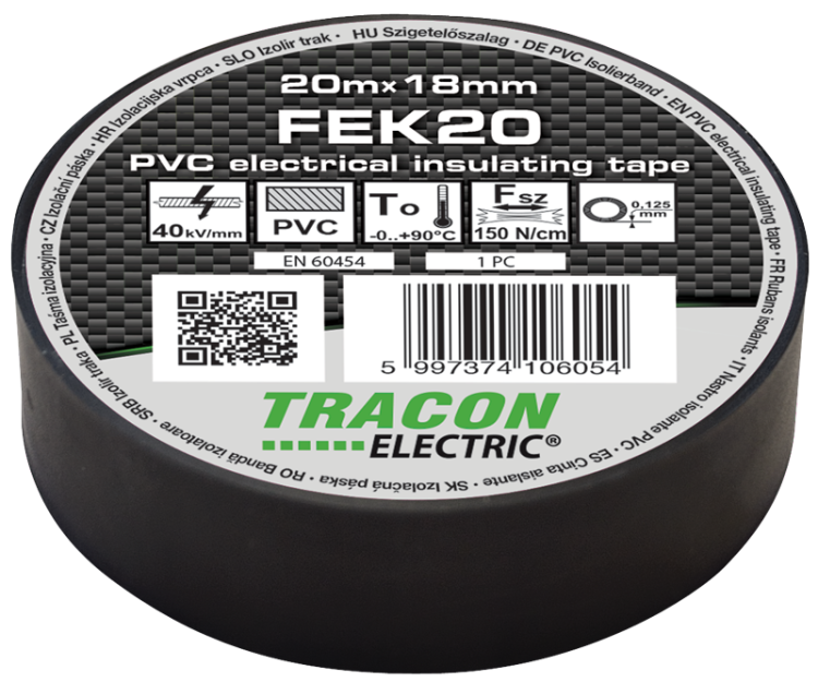 Taśma izolacyjna, czarna 20m×18mm, PVC, 0-90°C, 40kV/mm FEK20 Tracon Electric