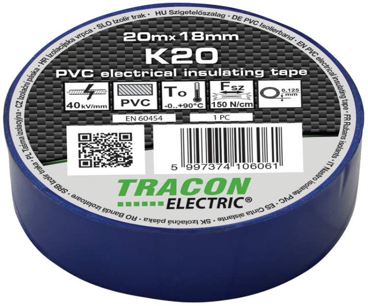 Taśma izolacyjna, niebieska 20m×18mm, PVC, 0-90°C, 40kV/mm K20 Tracon Electric