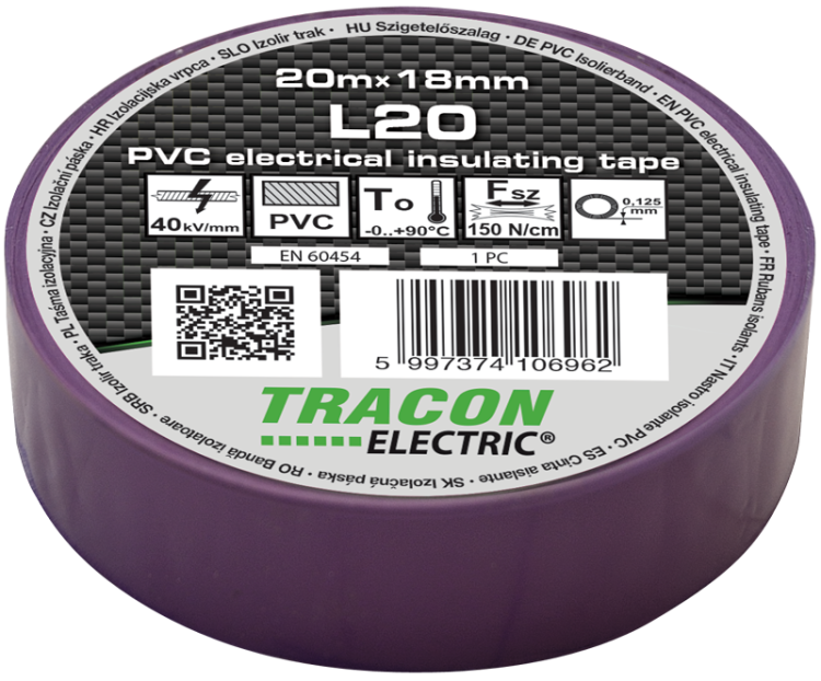 Taśma izolacyjna, fioletowa 20m×18mm, PVC, 0-90°C, 40kV/mm L20 Tracon Electric