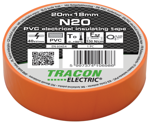 Taśma izolacyjna, pomarańczowa 20m×18mm, PVC, 0-90°C, 40kV/mm N20 Tracon Electric