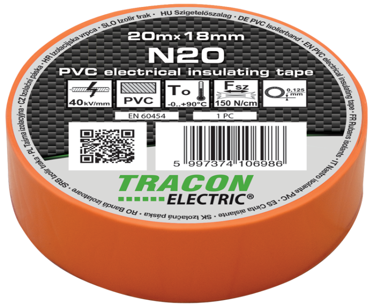 Taśma izolacyjna, pomarańczowa 20m×18mm, PVC, 0-90°C, 40kV/mm N20 Tracon Electric
