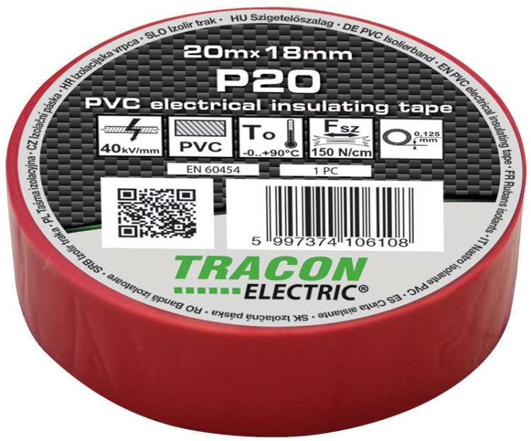 Taśma izolacyjna, czerwona 20m×18mm, PVC, 0-90°C, 40kV/mm P20 Tracon Electric
