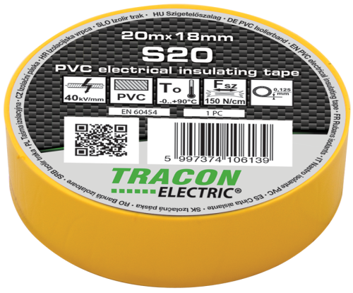 Taśma izolacyjna, żółta 20m×18mm, PVC, 0-90°C, 40kV/mm S20 Tracon Electric