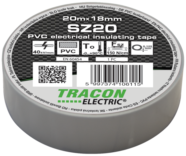 Taśma izolacyjna, szara 20m×18mm, PVC, 0-90°C, 40kV/mm SZ20 Tracon Electric