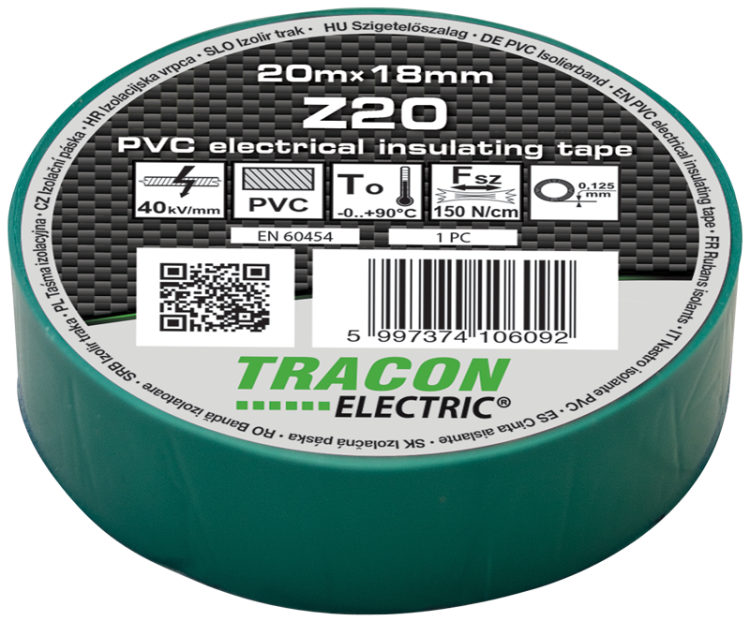 Taśma izolacyjna, zielona 20m×18mm, PVC, 0-90°C, 40kV/mm Z20 Tracon Electric