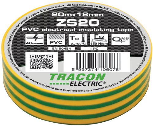 Taśma izolacyjna, zielono-żółta 20m×18mm, PVC, 0-90°C, 40kV/mm ZS20 Tracon Electric