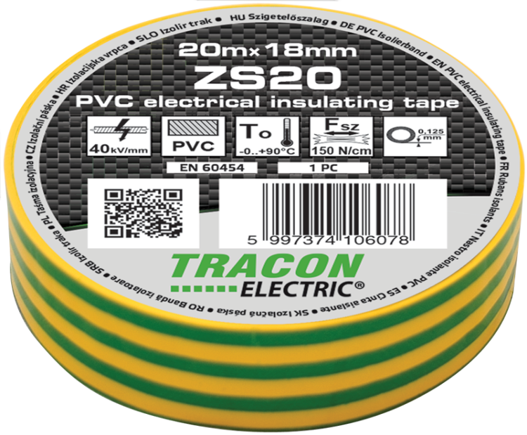 Taśma izolacyjna, zielono-żółta 20m×18mm, PVC, 0-90°C, 40kV/mm ZS20 Tracon Electric