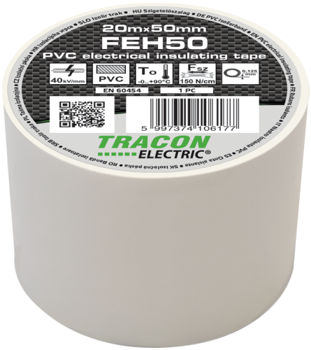 Taśma izolacyjna, biała 20m×50mm, PVC, 0-90°C, 40kV/mm FEH50 Tracon Electric