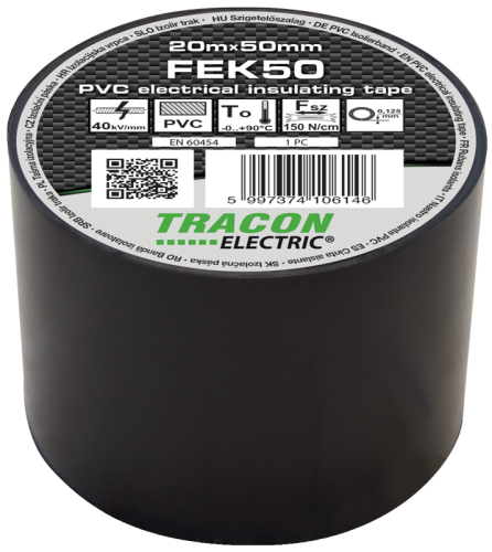 Taśma izolacyjna, czarna 20m×50mm, PVC, 0-90°C, 40kV/mm FEK50 Tracon Electric