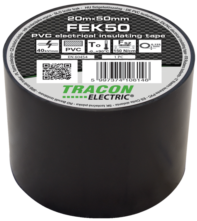 Taśma izolacyjna, czarna 20m×50mm, PVC, 0-90°C, 40kV/mm FEK50 Tracon Electric