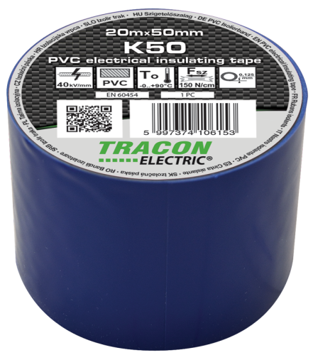 Taśma izolacyjna, niebieska 20m×50mm, PVC, 0-90°C, 40kV/mm K50 Tracon Electric