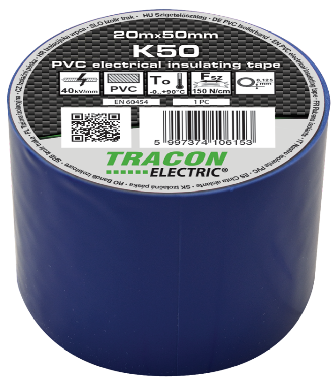 Taśma izolacyjna, niebieska 20m×50mm, PVC, 0-90°C, 40kV/mm K50 Tracon Electric