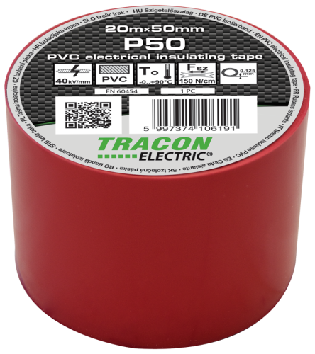 Taśma izolacyjna, czerwona 20m×50mm, PVC, 0-90°C, 40kV/mm P50 Tracon Electric