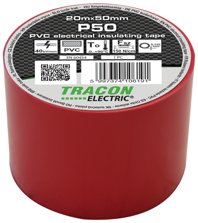 Taśma izolacyjna, czerwona 20m×50mm, PVC, 0-90°C, 40kV/mm P50 Tracon Electric