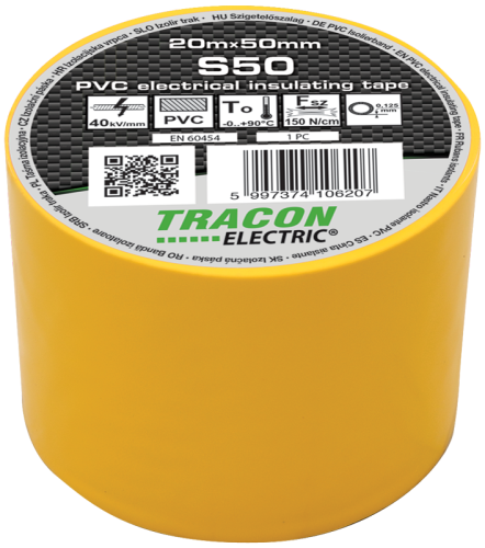 Taśma izolacyjna, żółta 20m×50mm, PVC, 0-90°C, 40kV/mm S50 Tracon Electric