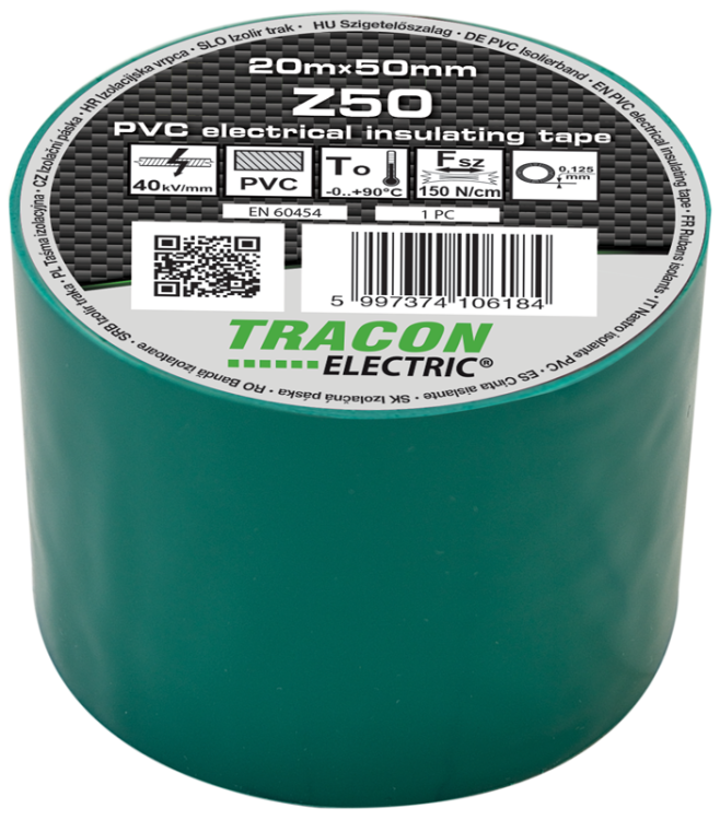 Taśma izolacyjna, zielona 20m×50mm, PVC, 0-90°C, 40kV/mm Z50 Tracon Electric