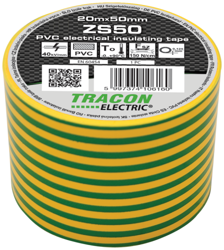 Taśma izolacyjna, zielona-żółta 20m×50mm, PVC, 0-90°C, 40kV/mm ZS50 Tracon Electric