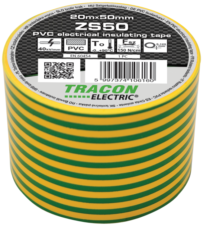 Taśma izolacyjna, zielona-żółta 20m×50mm, PVC, 0-90°C, 40kV/mm ZS50 Tracon Electric