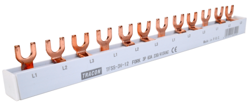Listwa połączeniowa - widełkowa max.63A, 230/400VAC, 3P, 12modul, 215mm TFSS-3V-12 Tracon Electric