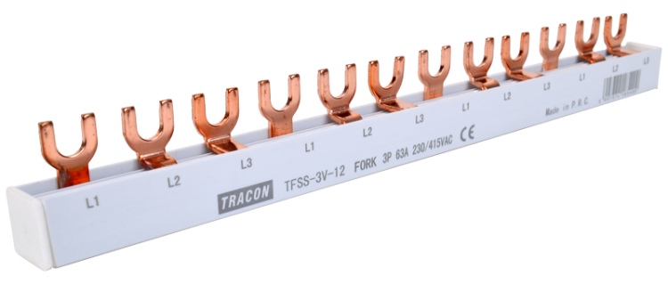 Listwa połączeniowa - widełkowa max.63A, 230/400VAC, 3P, 12modul, 215mm TFSS-3V-12 Tracon Electric