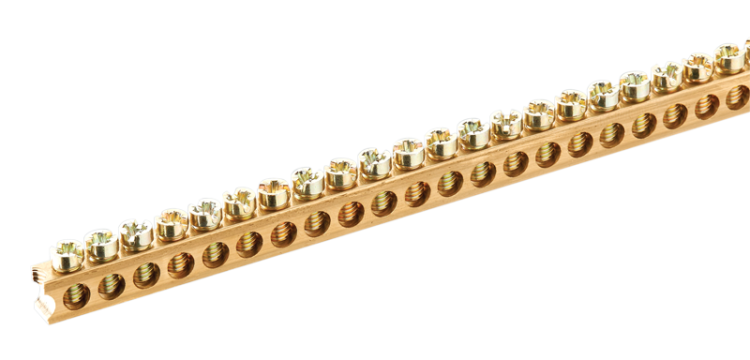 Szyna mosiężna N/PE 1m max.63A, 230/400VAC, 1m, W×H=8×12mm, d=7.5mm, 101xM5 TNFS25 Tracon Electric