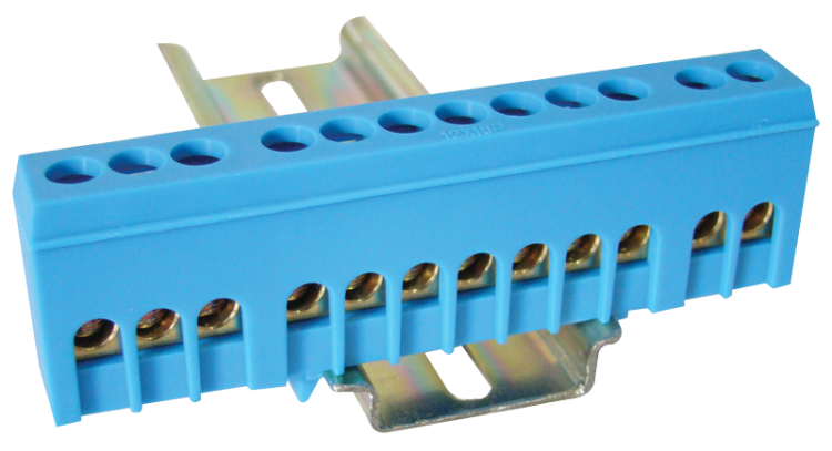 Izolowana szyna uziemiająca (N/PE), zamknięta, niebieska 230/400VAC, 63A, 6×9mm, 12P, IP20 NPE-ZB Tracon Electric