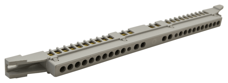 Szyna izolowana uziemiająca N/PE), zamknięta 230/400VAC, 63A, 7,6×18,3mm, L=250 mm, 24P, IP20 NPE-Z-24 Tracon Electric