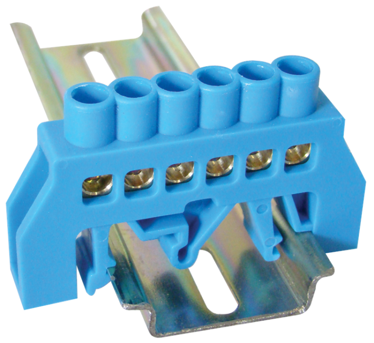Izolowana szyna uziemiająca (N/PE), niebieska 230/400VAC, 63A, 6×9mm, 6P, IP20 NPE-B6-6 Tracon Electric