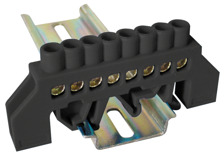 Szyna uziemiająca, izolowana (N/PE), czarna 230/400VAC, 63A, 6×9mm, 8P, IP20 NPE-BK6-8 Tracon Electric