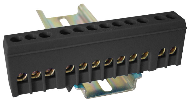 Szyna uziemiająca, izolowana (N/PE), czarna 230/400VAC, 63A, 6×9mm, 12P, IP20 NPE-ZBK Tracon Electric
