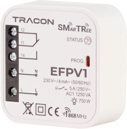 Radiowy odbiornik dopuszkowy, 1-kanałowy 230 V, 50 Hz, 1x5 A, 1NO/NC, 868.32 MHz EFPV1 Tracon Electric