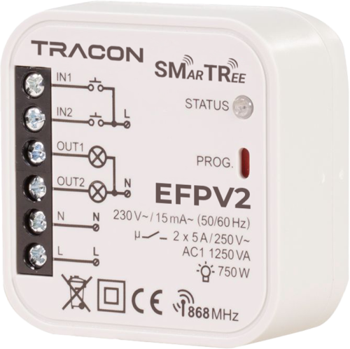 Radiowy odbiornik dopuszkowy, 2-kanałowy 230 V, 50 Hz, 2x5 A, 2 NO, 868.32 MHz EFPV2 Tracon Electric