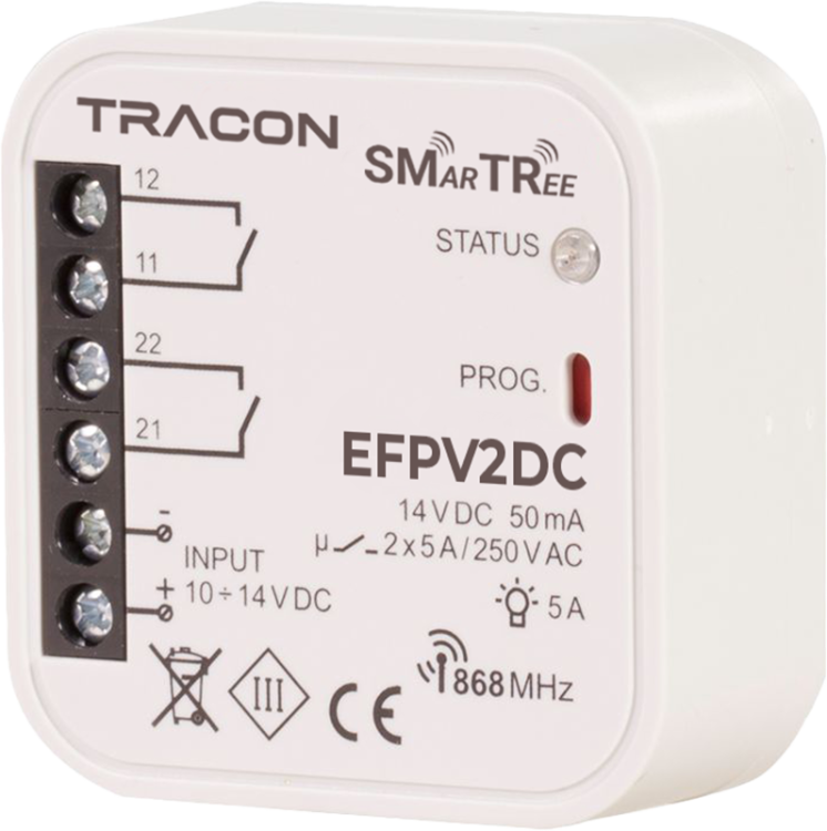 Radiowy odbiornik dopuszkowy, 2-kanałowy, do EFC-01 12 VAC, 10 14 VDC, 2x5 A, 2 NO, 868.32 MHz EFPV2DC Tracon Electric