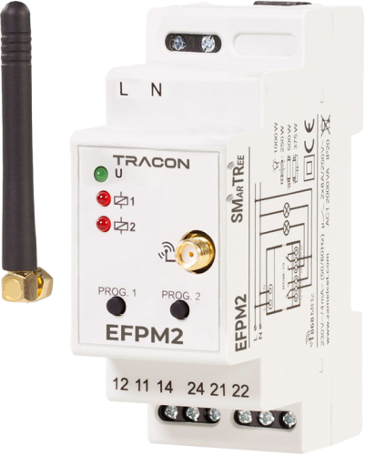 Radiowy odbiornik modułowy, 2-kanałowy, 230 V, 50 Hz, 8 A, 2 NO/ NC, 868.32 MHz EFPM2 Tracon Electric