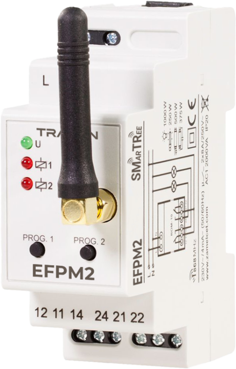 Radiowy odbiornik modułowy, 2-kanałowy, 230 V, 50 Hz, 8 A, 2 NO/ NC, 868.32 MHz EFPM2 Tracon Electric
