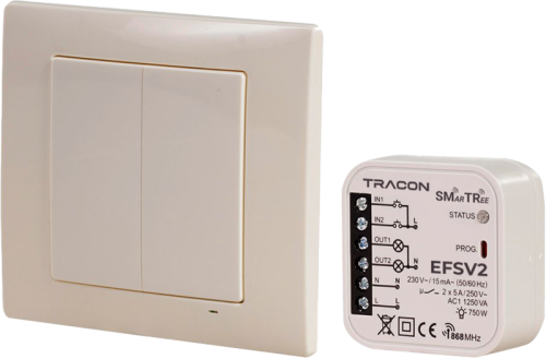 Zestaw sterowania bezprzewodowego, 2-kanałowy, z przyciskiem 230 V, 50 Hz, 2x5 A, 2 NO, 868.32 MHz EFSV2 Tracon Electric