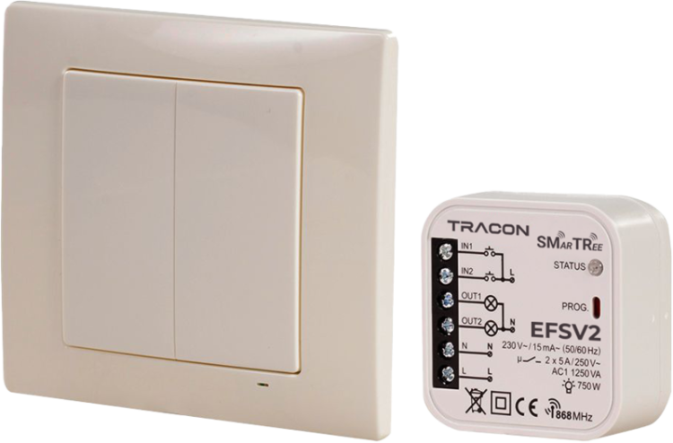 Zestaw sterowania bezprzewodowego, 2-kanałowy, z przyciskiem 230 V, 50 Hz, 2x5 A, 2 NO, 868.32 MHz EFSV2 Tracon Electric