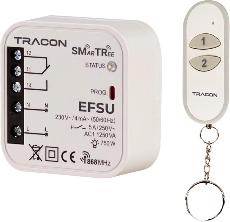 Zestaw sterowania bezprzewodowego, uniwersalny, z brelokiem 230 V, 50 Hz, 5 A, 1 NO/1 NC, 868.32 MHz EFSU Tracon Electric