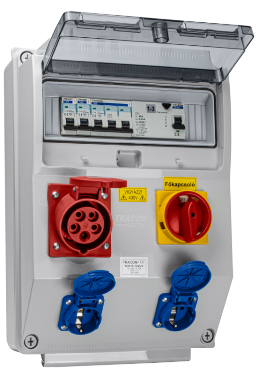 Rozdzielnica przemysłowa z wył. głównym, z zabezpieczeniem Prot.:RCCB,MCB,Out:2×SCHUKO+1×16A(3P+N+E) TDB15-12MVK Tracon Electric