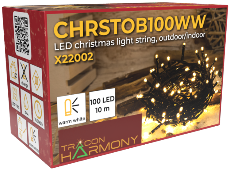 Lampki choinkowe, do użyt. na zewn./wewn. (X22002) 230VAC, 2+10M, 100LED, 3,6W, 2600-2700K, IP44 CHRSTOB100WW Tracon Electric