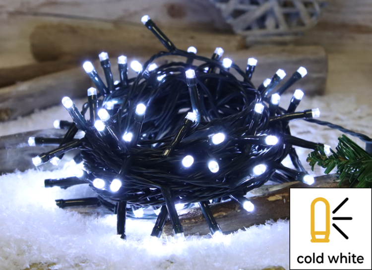 Lampki choinkowe, do użyt. na zewn./wewn. (X22014) 230VAC, 2+10M, 100LED, 3,6W, 12000-13000K, IP44 CHRSTOB100CW Tracon Electric