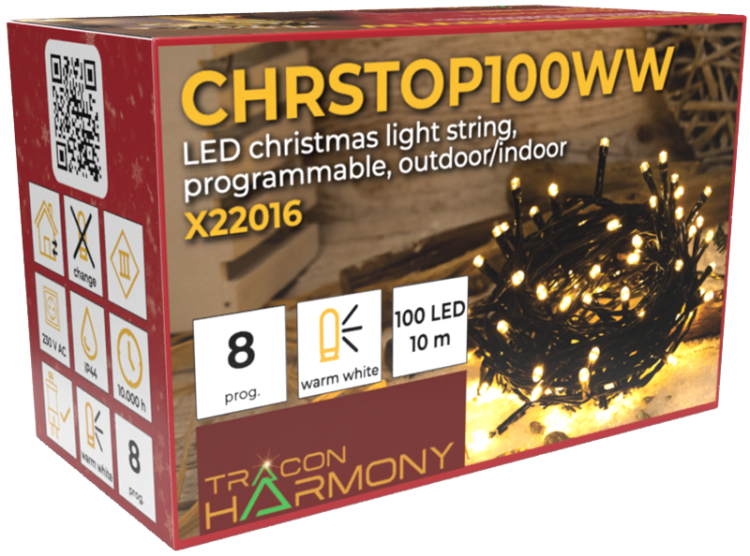 Programowalne lampki choinkowe, zewn./wewn. (X22016) 230VAC, 2+10M, 100LED, 3,6W, 2600-2700K, IP44 CHRSTOP100WW Tracon Electric