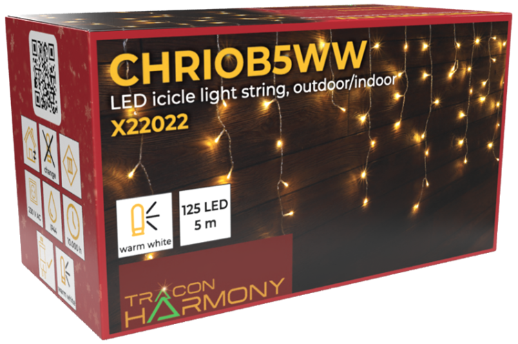 Kurtyna świetlna z sopli świątecznych, zewn./wewn. (22022) 230VAC, 5+5M, 125LED, 3,6W, 2600-2700K, IP44 CHRIOB5WW Tracon Electric