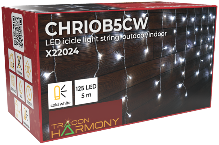 Kurtyna świetlna z sopli świątecznych, zewn./wewn. (22024) 230VAC, 5+5M, 125LED, 3,6W, 12000-13000K, IP44 CHRIOB5CW Tracon Electric