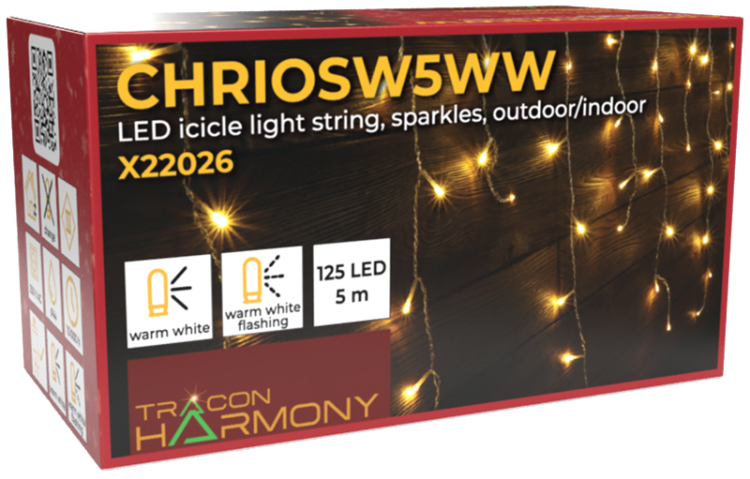 Kurtyna świetlna z iskrzących sopli świątecznych, zewn./wewn 230VAC, 5+5M, 125LED, 3,6W, 2600-2700K, IP44 CHRIOSW5WW Tracon Electric