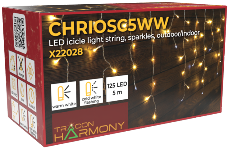Kurtyna świetlna z iskrzących sopli świątecznych, zewn./wewn 230VAC, 5+5M, 125LED, 3,6W, 2600-2700K, IP44 CHRIOSC5WW Tracon Electric