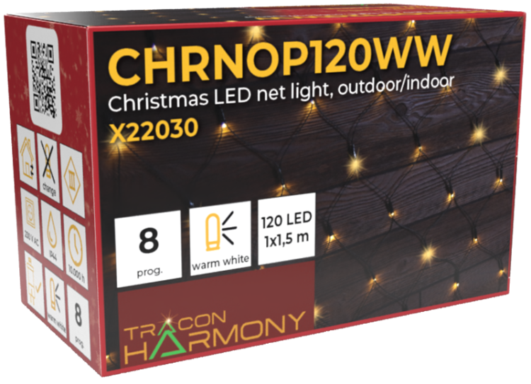 Ciepłobiała siatka LED, do użyt. na zewn./wewn. (X22030) 230VAC, 5+1x1,5M, 120LED, 3,6W, 2600-2700K, IP44 CHRNOP120WW Tracon Electric